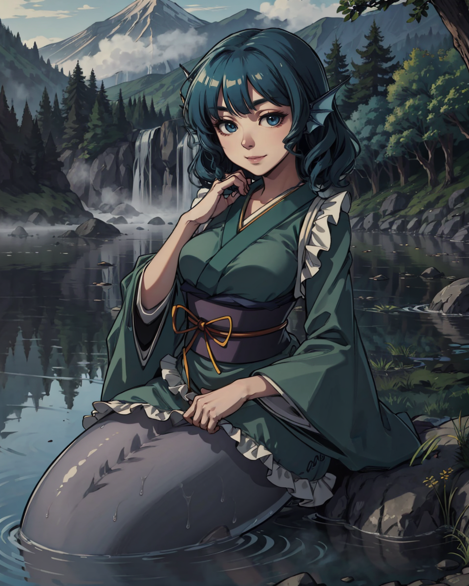 00000-4178727907-_lora_Wakasagihime_1_, wakasagihime, 1girl, mermaid, monster girl, blue hair, short hair, blue eyes, head fins, japanese clothes.png